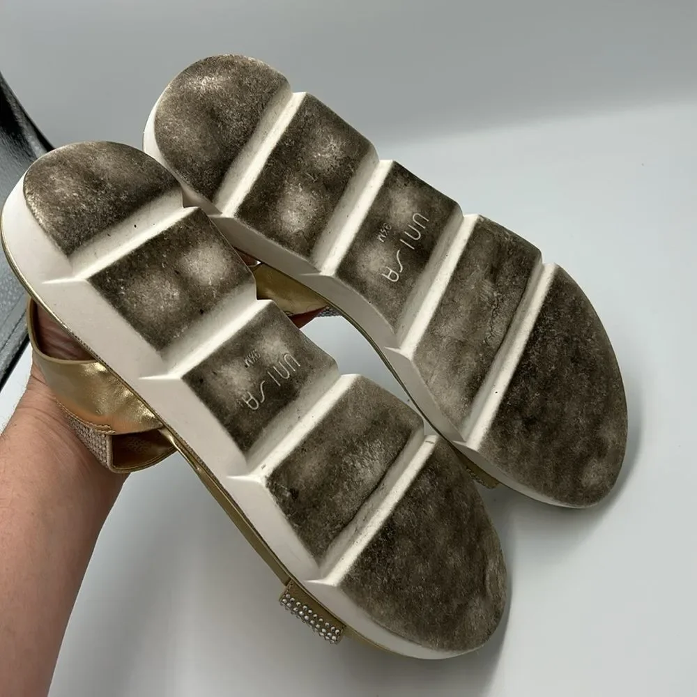 Unisa Rhinestone Embellished Gold Metallic Sling Back Comfort Sandals 9.5
